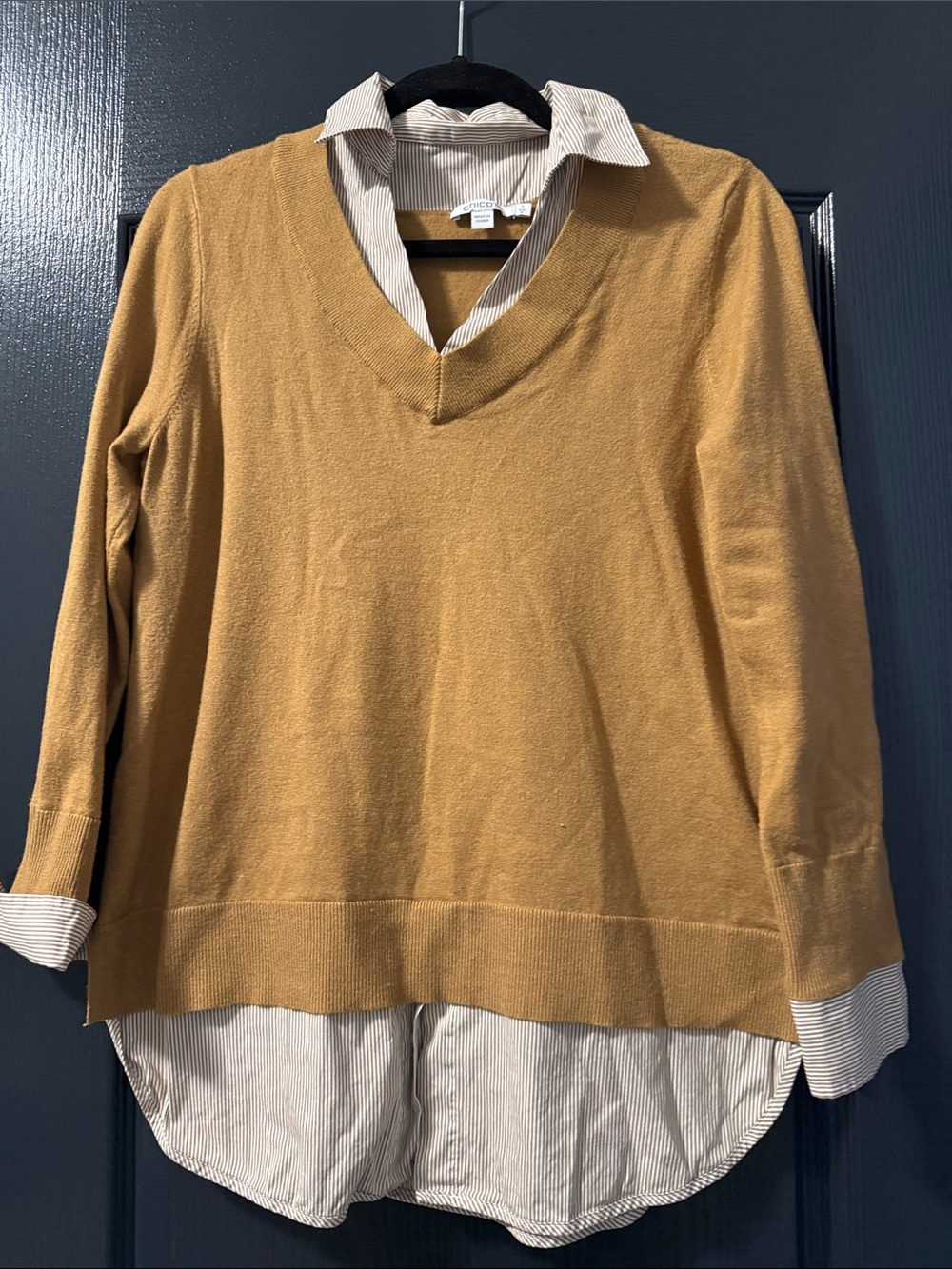 Chico’s Ladies Layered Look Mustard V-Neck Sweater Top